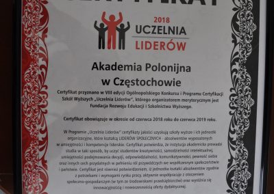 Akademia Polonijna z certyfikatem “Uczelnia Liderów” i certyfikatem  “Najwyższa jakość studiów”.